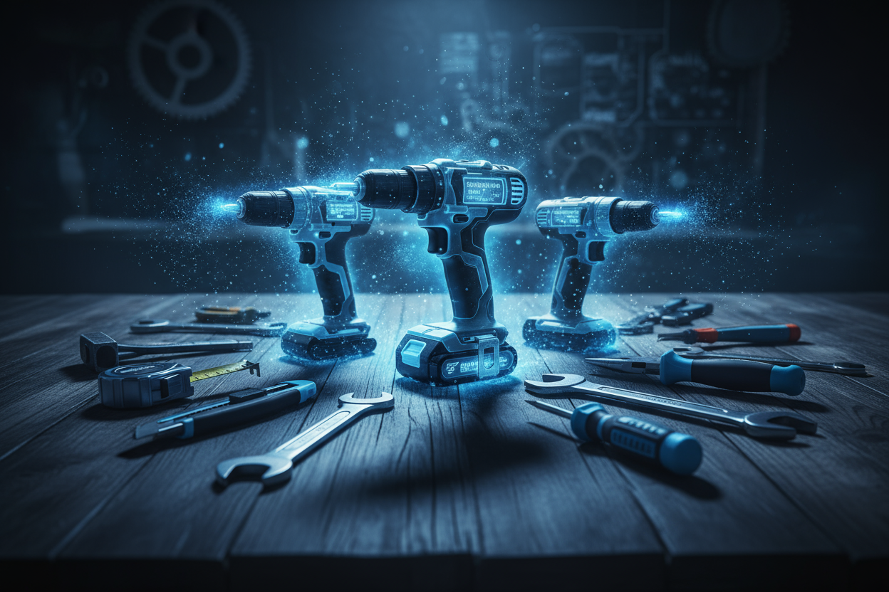 a combination of regular hand tools like drills and screwsdrivers sitting on a table.  they have a magical blue glow that indicates they have special scientific powers.  