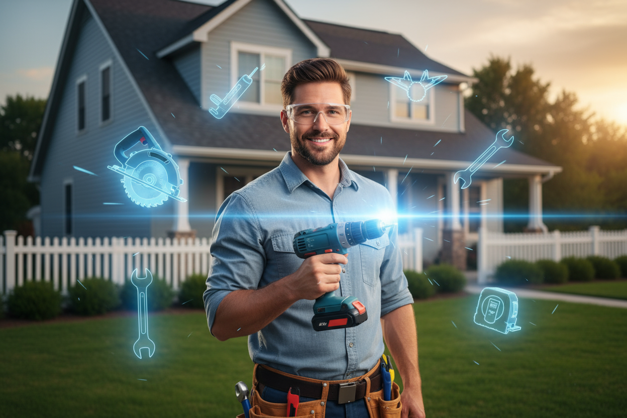 a smiling friendly handyman in front a residential background holding a glowing bluedrill and glowing blue power tools.  He looks like he is smart with both hands on and book smarts