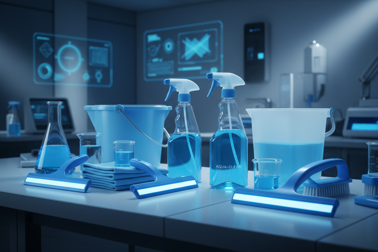squeegees, rags, spray bottles, brushes, buckets and water, sitting on a futuristic lab desk background.  the tools are glowing blue with their scientific power.  the image is serious and professional for a window cleaning comapny